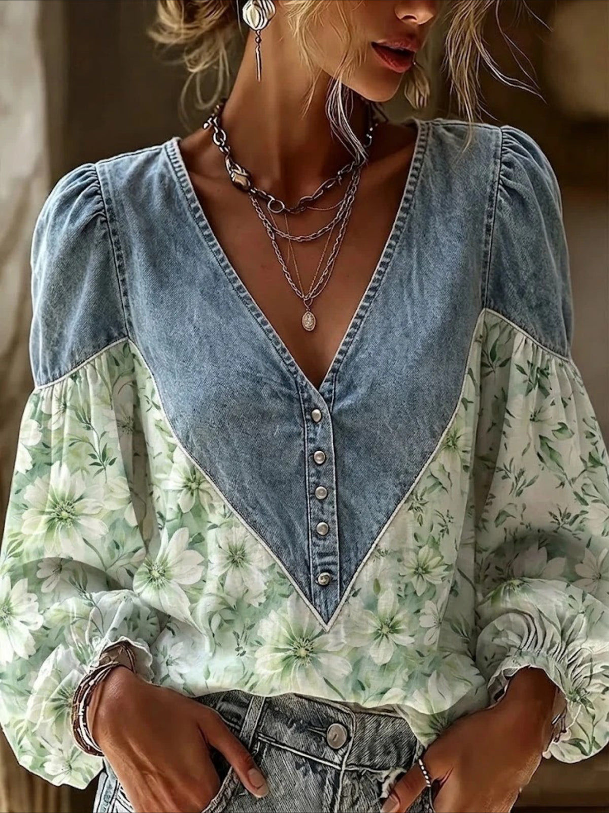 Vintage Denim V-neck Splicing Long Sleeve Shirt