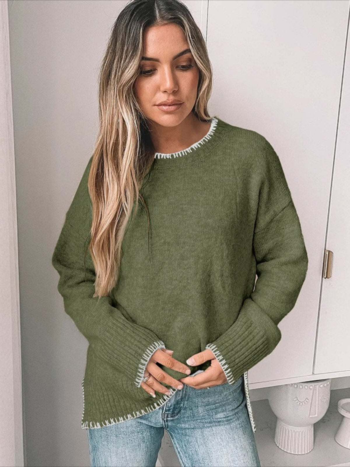 Solid Color Versatile Split-End Pullover Sweater