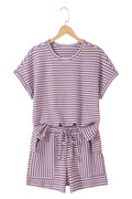 Purple Stripe Breathable Textured Knit Short 2pcs Set