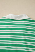 Green Stripe Collared V Neck Short Sleeve T Shirt Midi Dress with Pockets