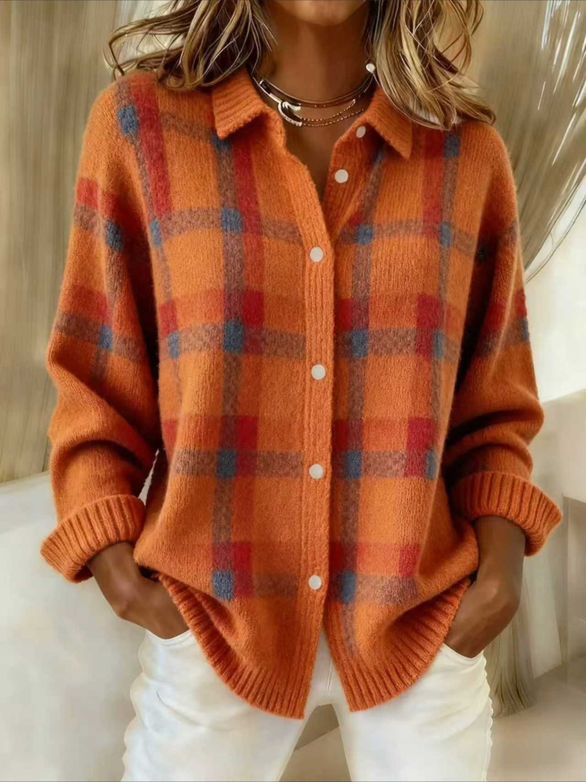 Plaid Collared Button-Up Knit Cardigan