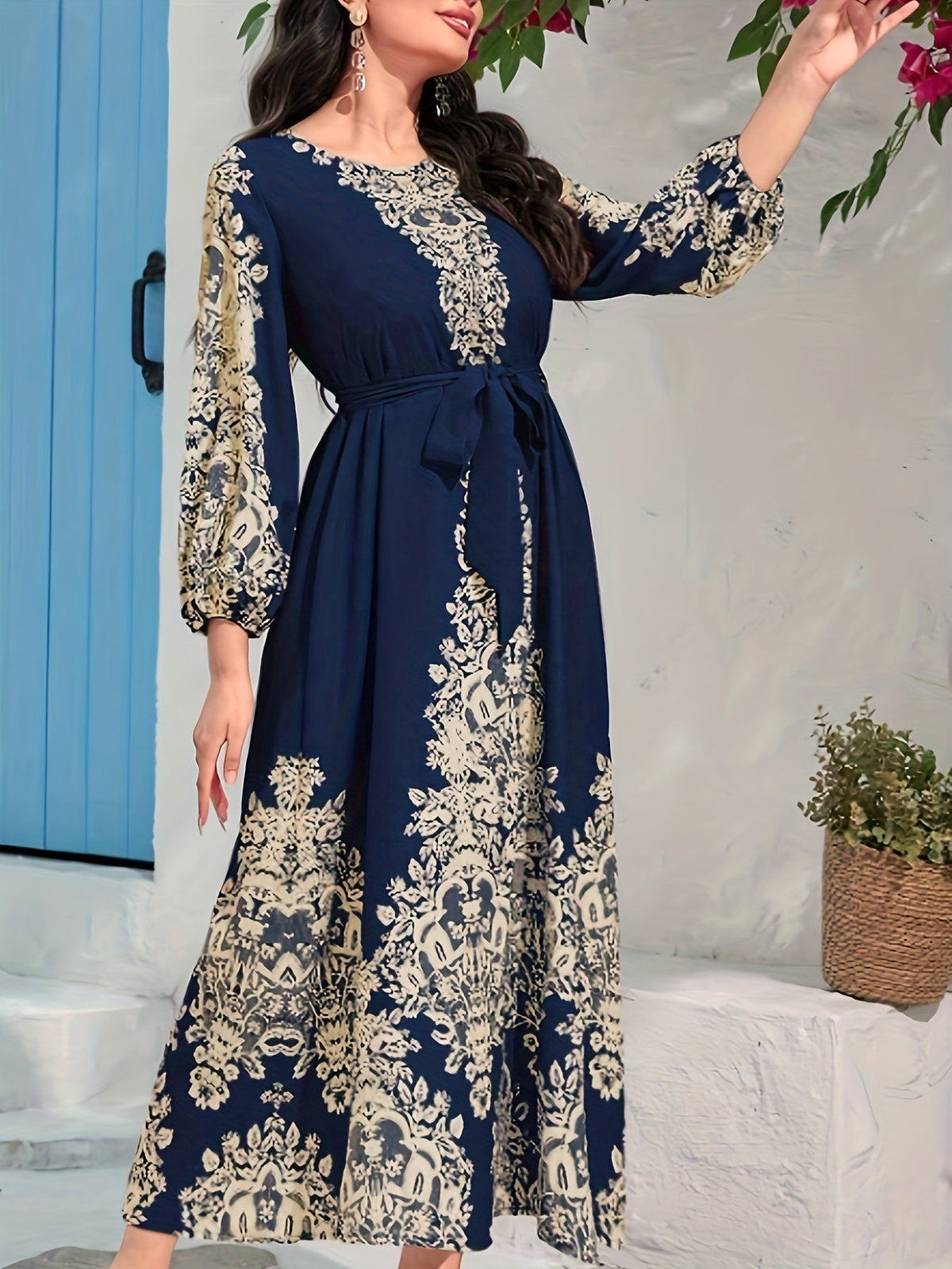 Graphic Print Tie Waist Kaftan Dress, Elegant Lantern Sleeve Maxi Length Dress