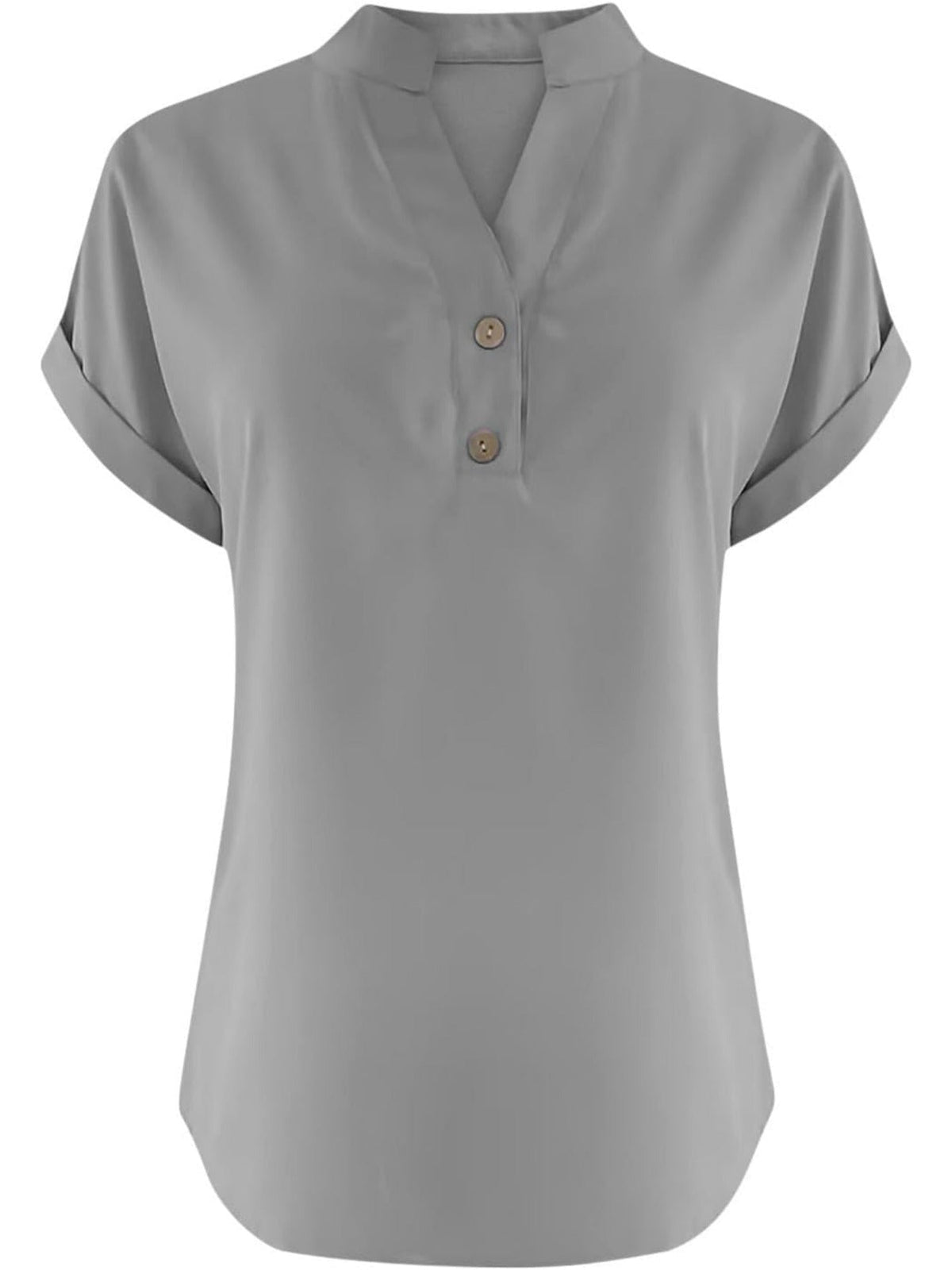 Solid Color V Neck Short Sleeve Button Down T Shirts