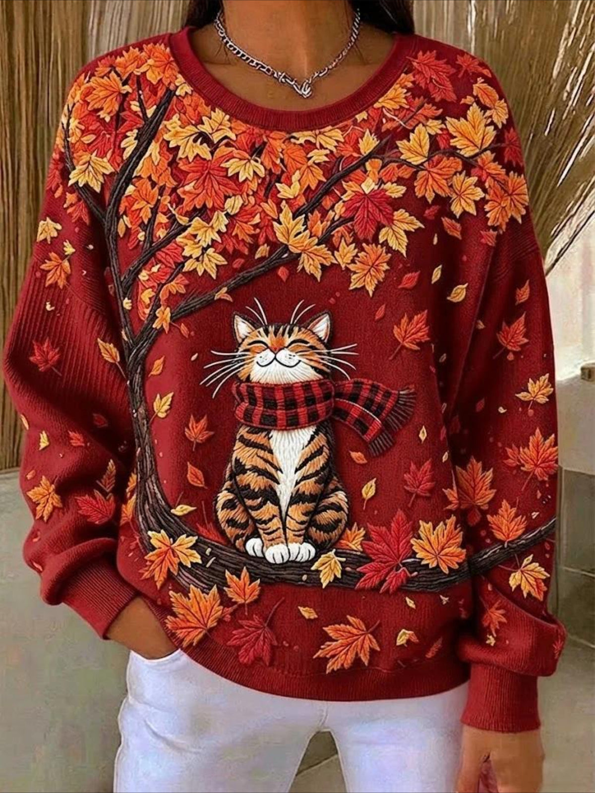 Maple Leaf Printing Crew Neck Floral Long Sleeve Comfy Casual Sweater Tee