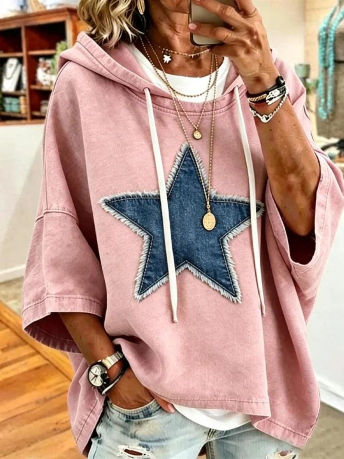 Casual Star Printing Half Sleeve Hoodie