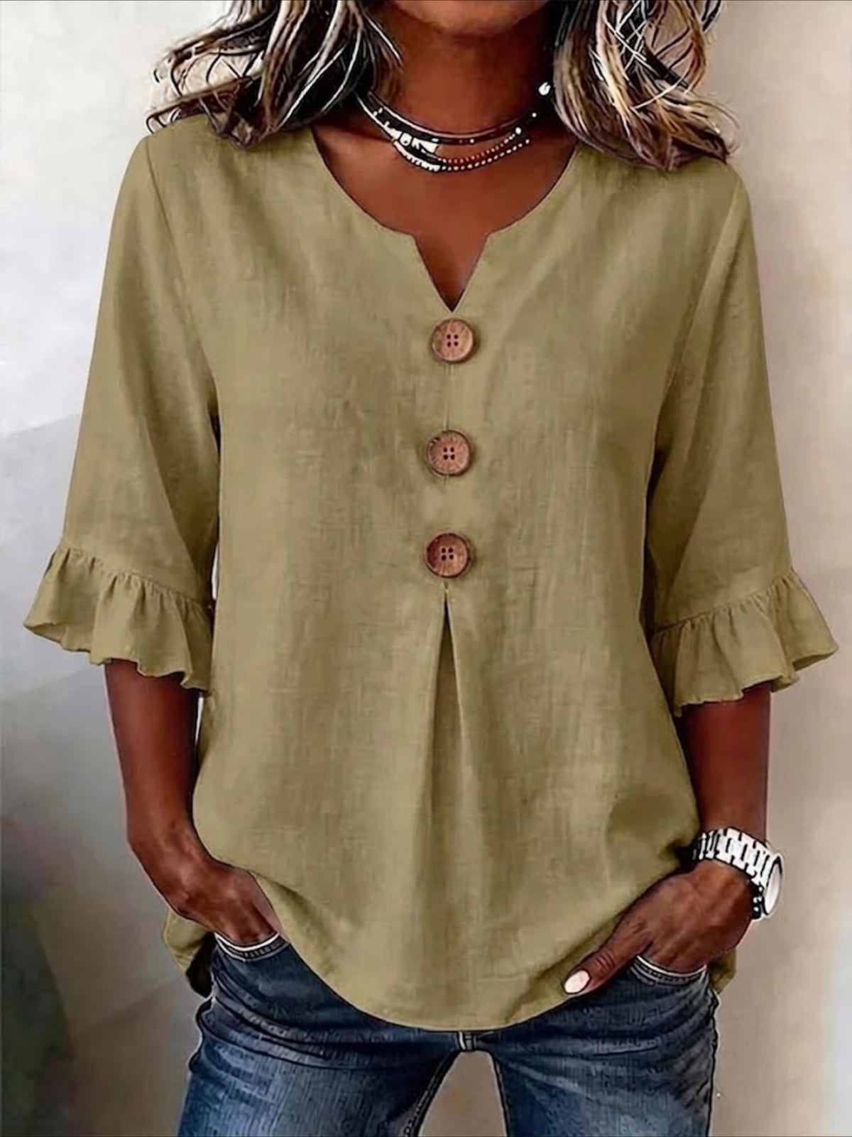 Solid Color Floral V Neck Button Short Ruffle Sleeve Casual Top