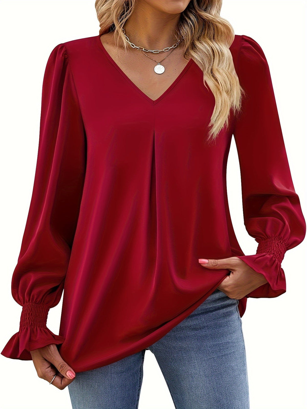 Solid V Neck Simple Blouse, Elegant Long Sleeve Ruched Blouse