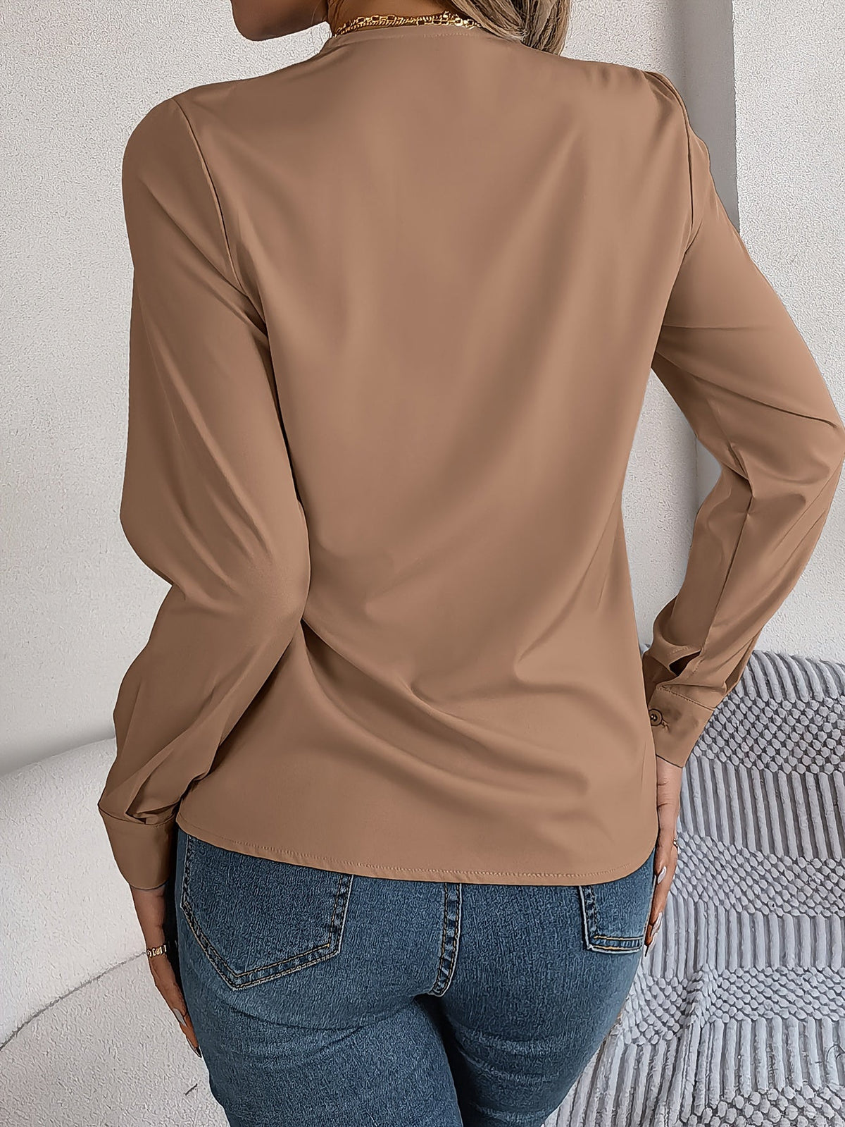 Solid Color V Neck Blouse, Elegant Long Sleeve Blouse