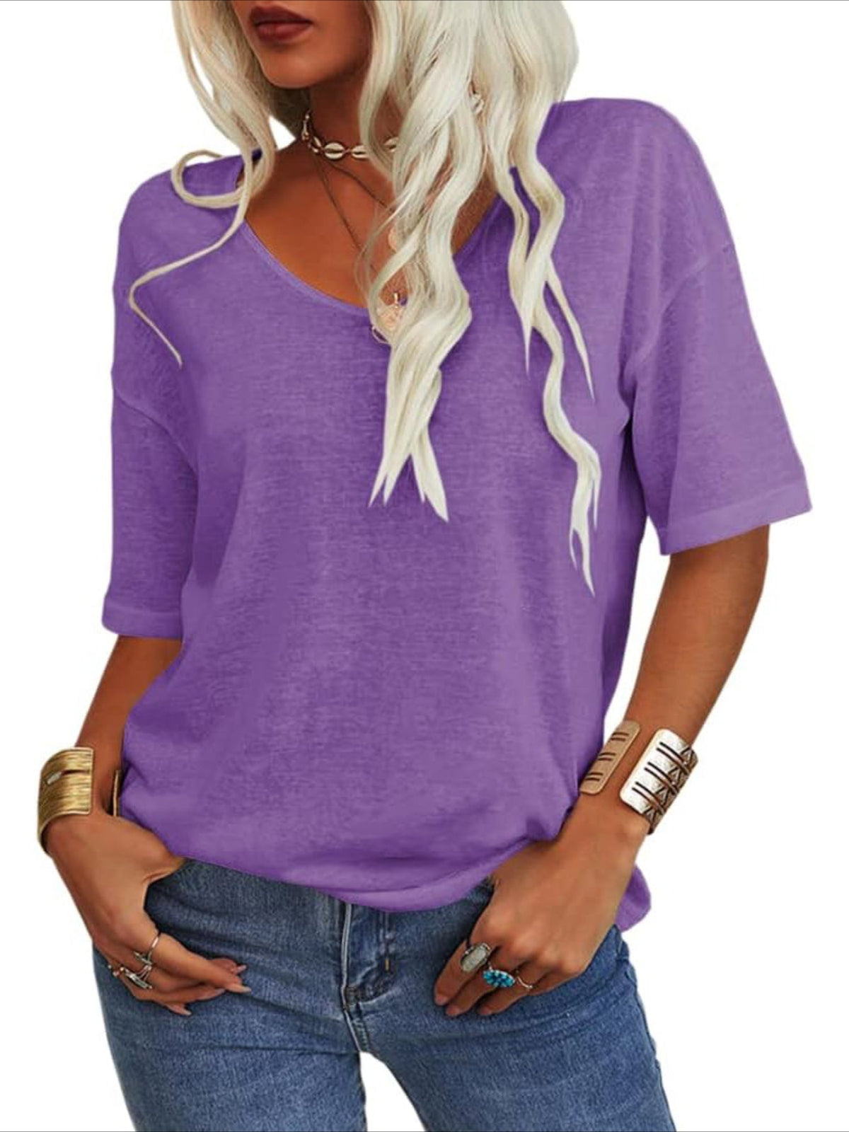 Solid Color V Neck T-shirt, Casual Short Sleeve T-Shirt