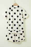 Beige Polka Dot Print V Neck Tee Short Set