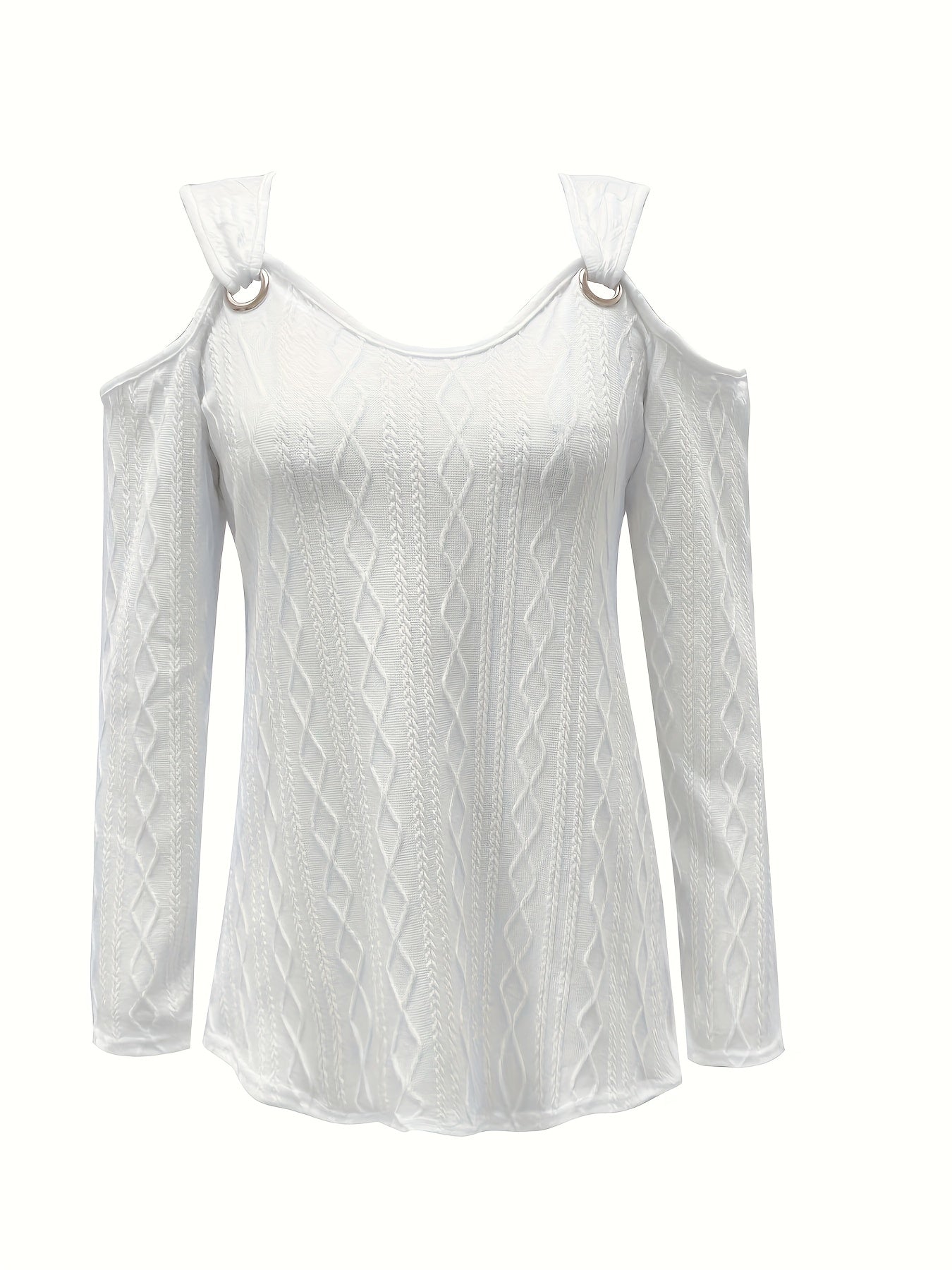 Textured Crew Neck Cold Shoulder T-Shirt, Casual Long Sleeve Top