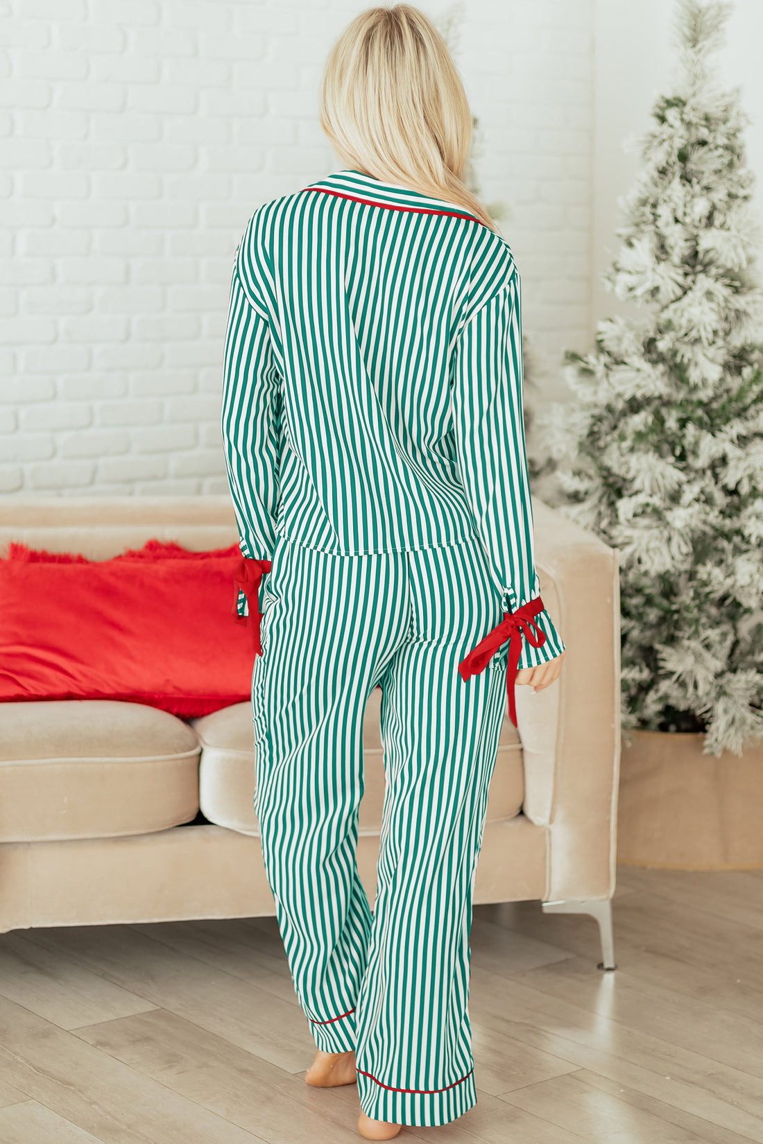 Green Stripe Contrast Velvet Trim Bow Knot Waist 2pcs Pajama Set