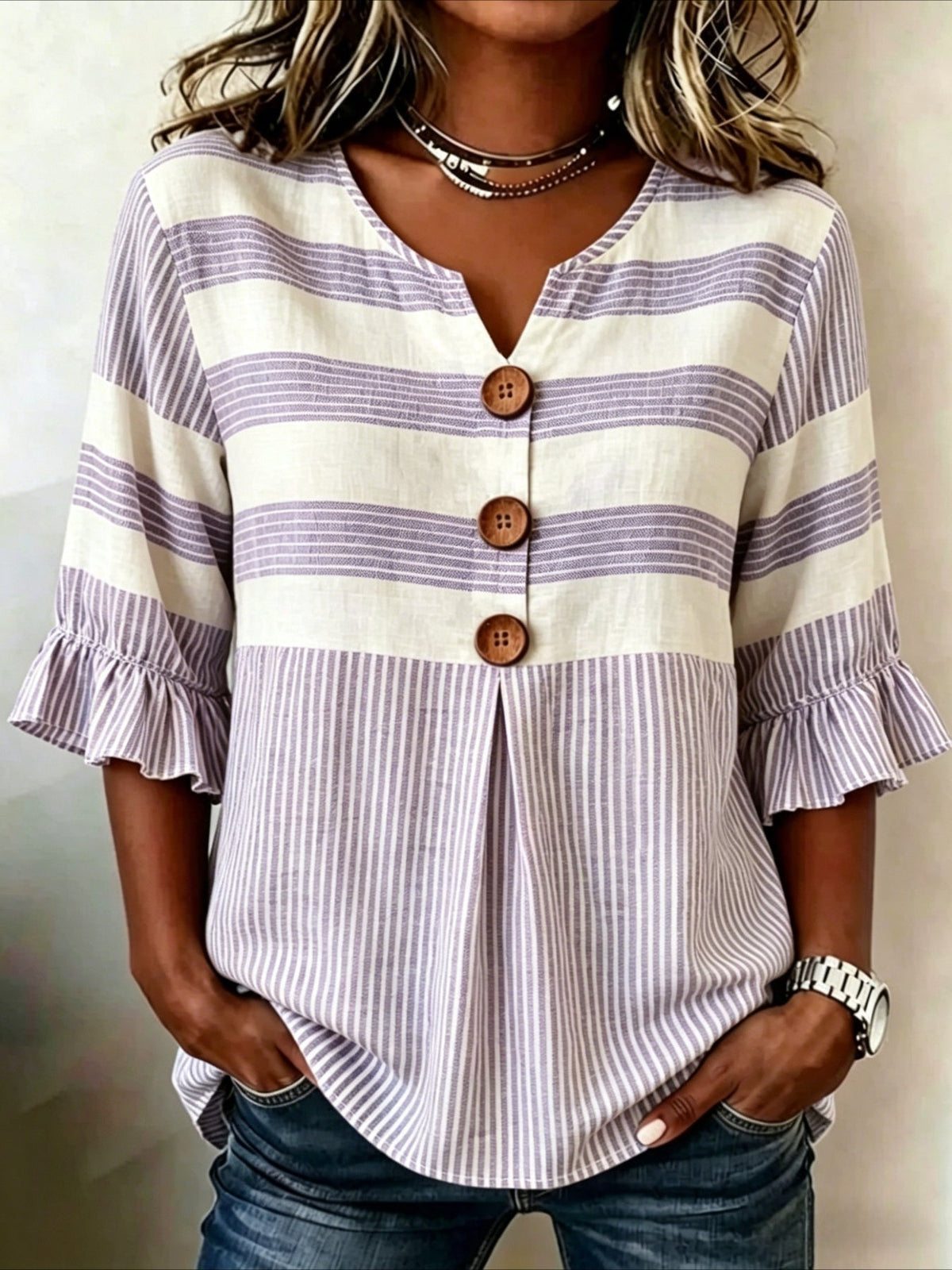 Striped Print V Neck Button Short Ruffle Sleeve Casual Top