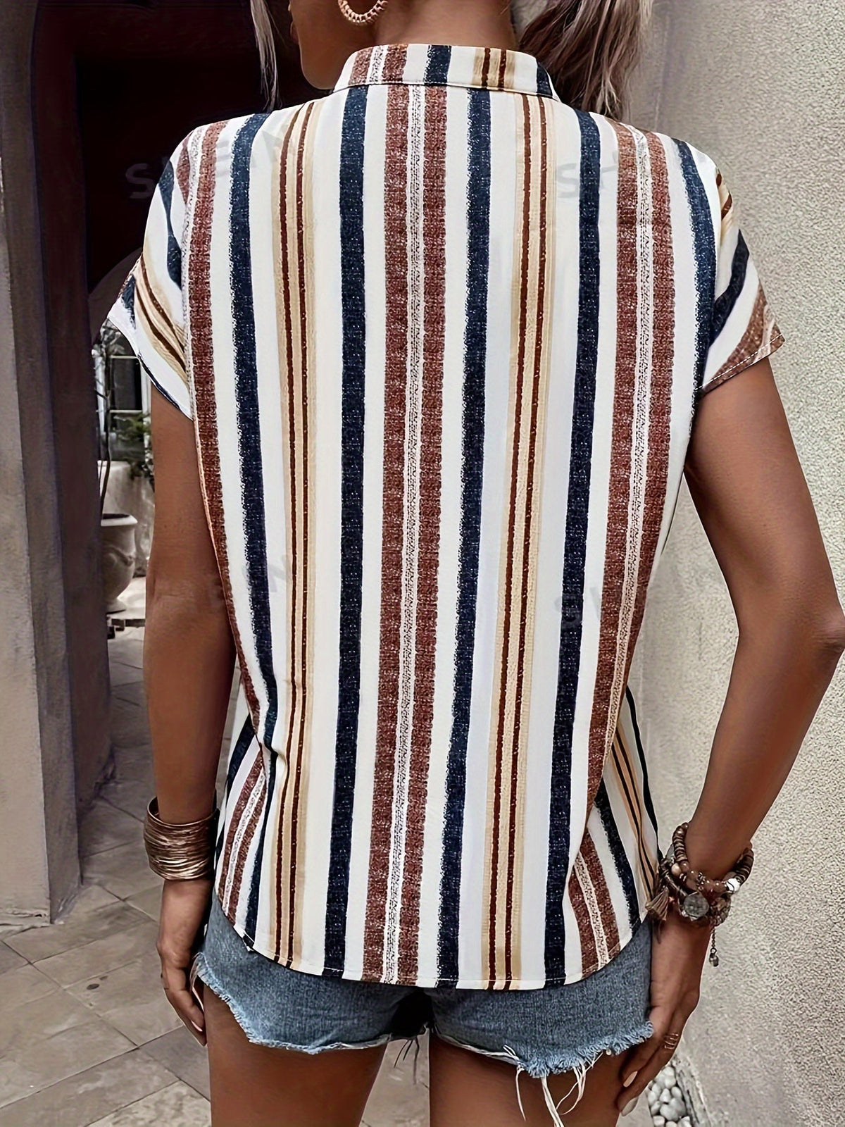 Striped Print Notched Neck Blouse, Casual Short Sleeve Blouse