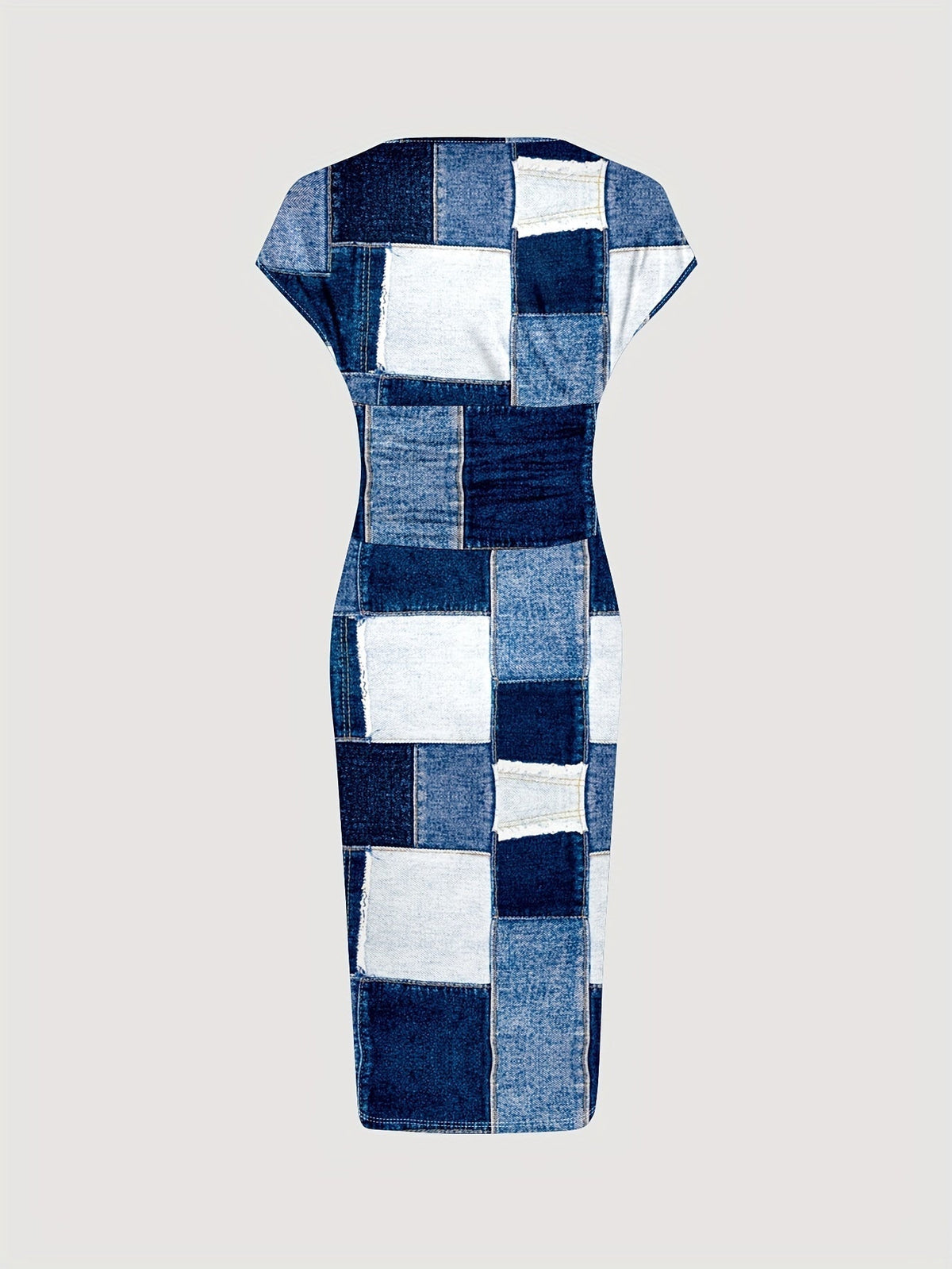 Patchwork Print V Neck Dress, Elegant Short Sleeve Dress