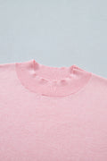 Pink Stand Neck Contrast Wavy Trim Short Sleeve Sweater