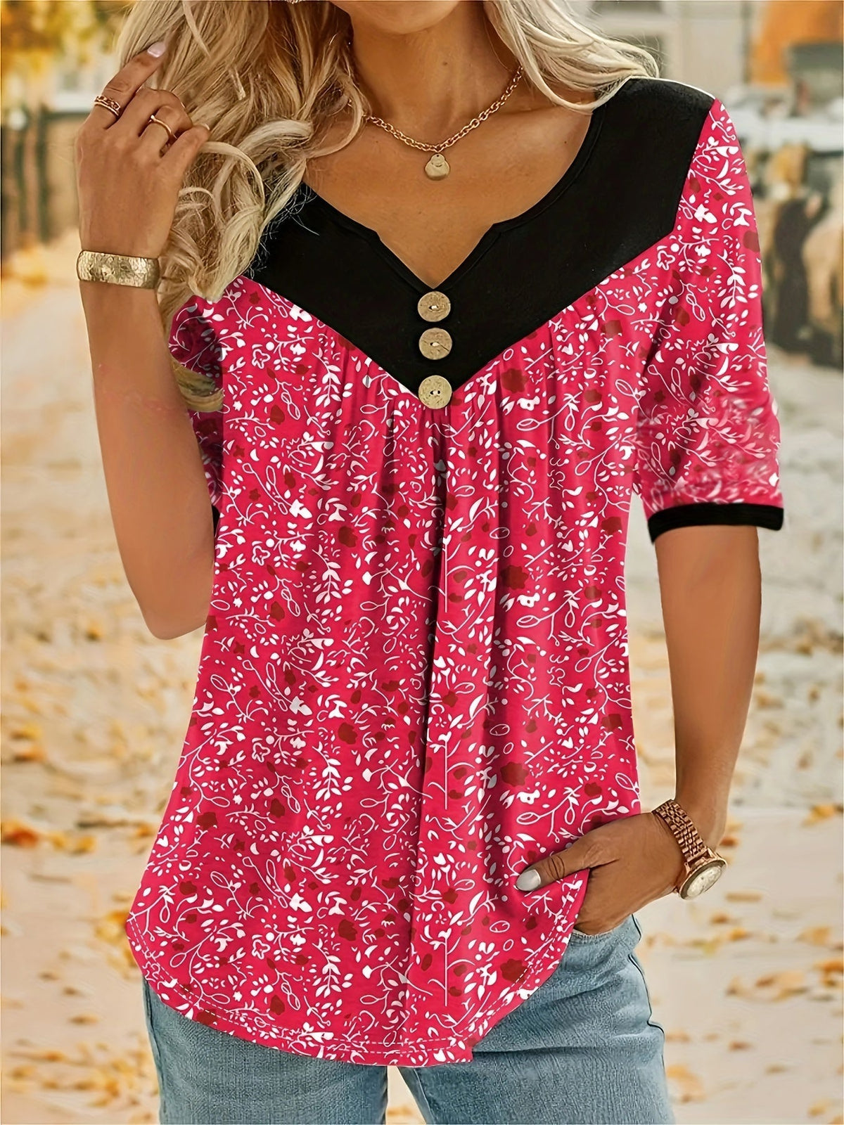 V Neck Floral Print Short Sleeve Top - Comfortable Medium Stretch Polyester Casual Wear for All Seasons - Button Front, Knit Fabric, Random Printing