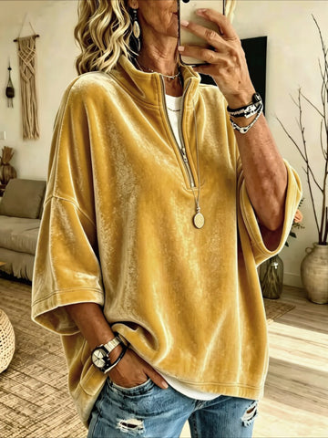 Half-Zip Velvet Top with Three-Quarter Batwing Sleeves