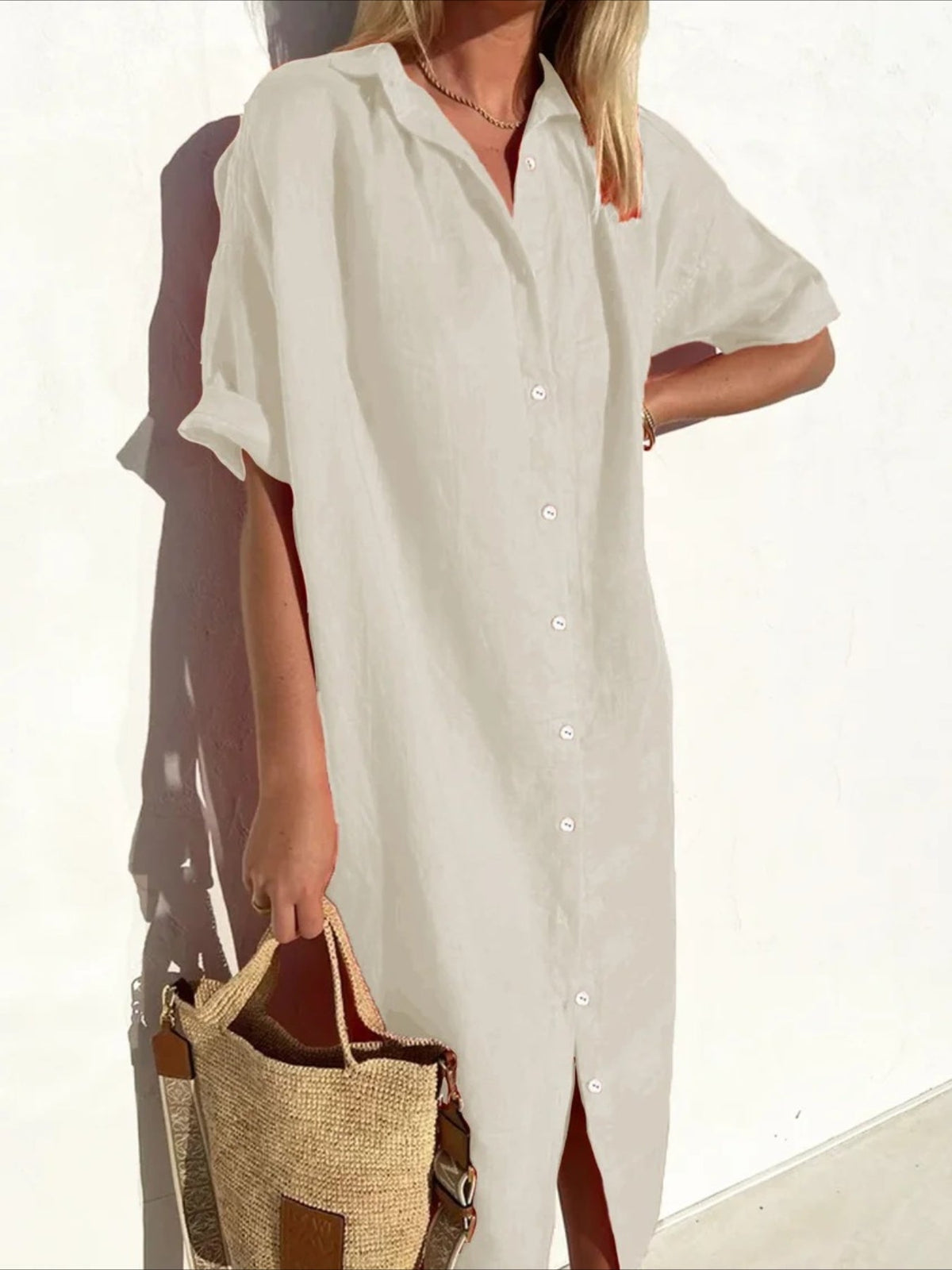 Solid Color Half Sleeve Button Down Maxi Dress