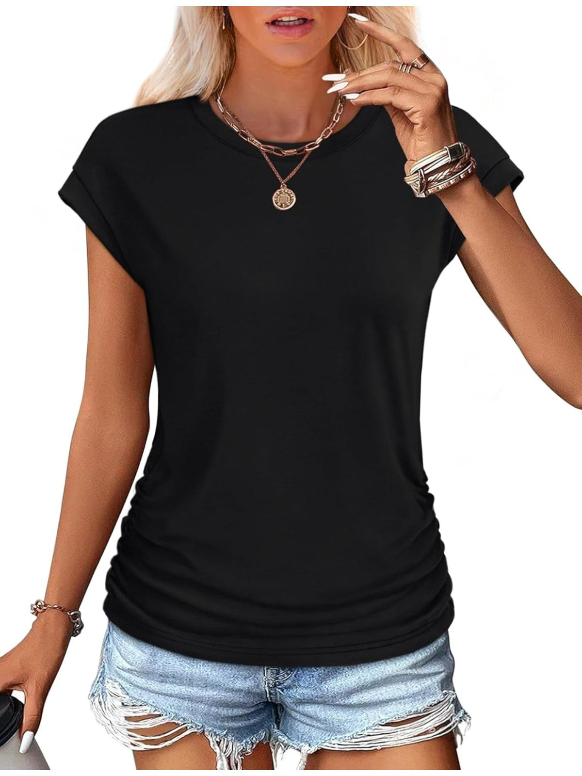 Solid Color Crew Neck Ruched Cap Short Sleeve T Shirts