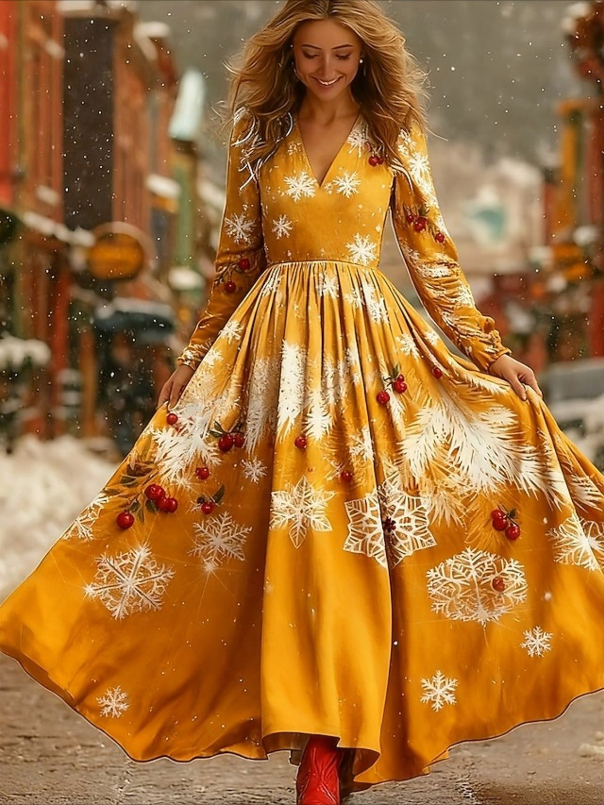 Christmas Pleated Party Long Sleeve V Neck Maxi Dress