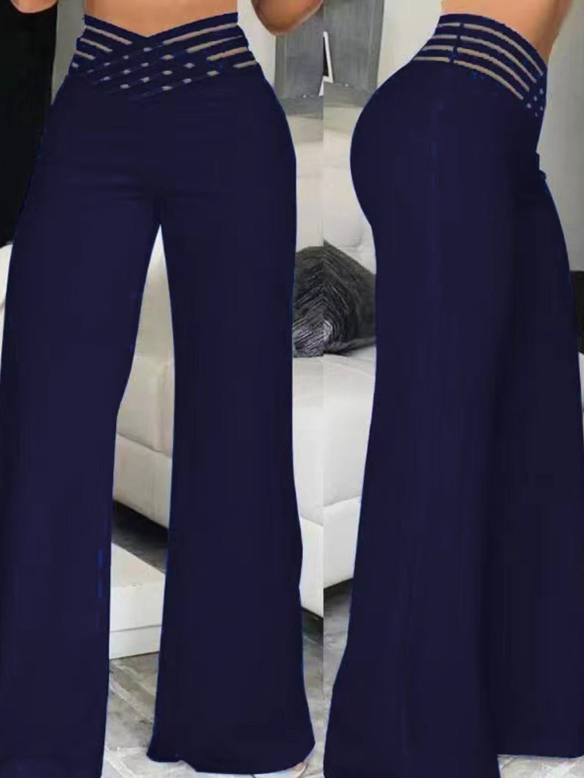 Elegant High-Waist Cross Detail Transparent Mesh Patchwork Pants