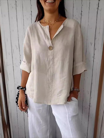 Cotton Linen Loose V Neck Casual Blouse