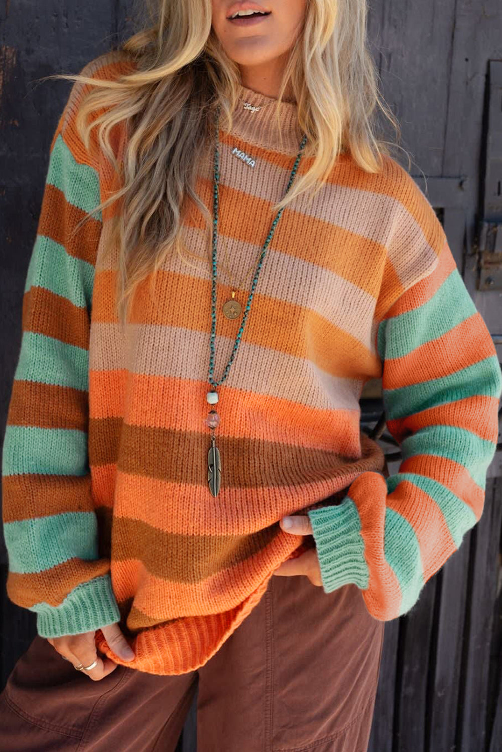 Orange Stripe Color Block High Neck Drop Shoulder Cozy Sweater