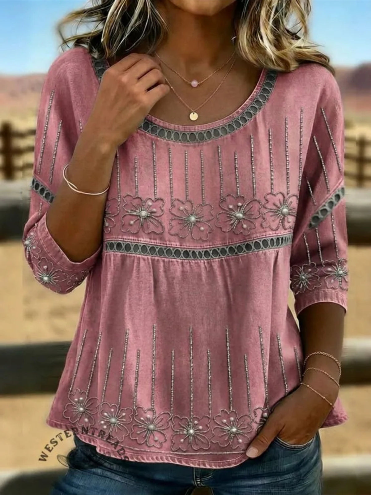 Printed Mid Sleeve Pleated Round Neck Top