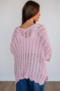 Pink Drop Shoulder Crochet Knit Open Front Cardigan