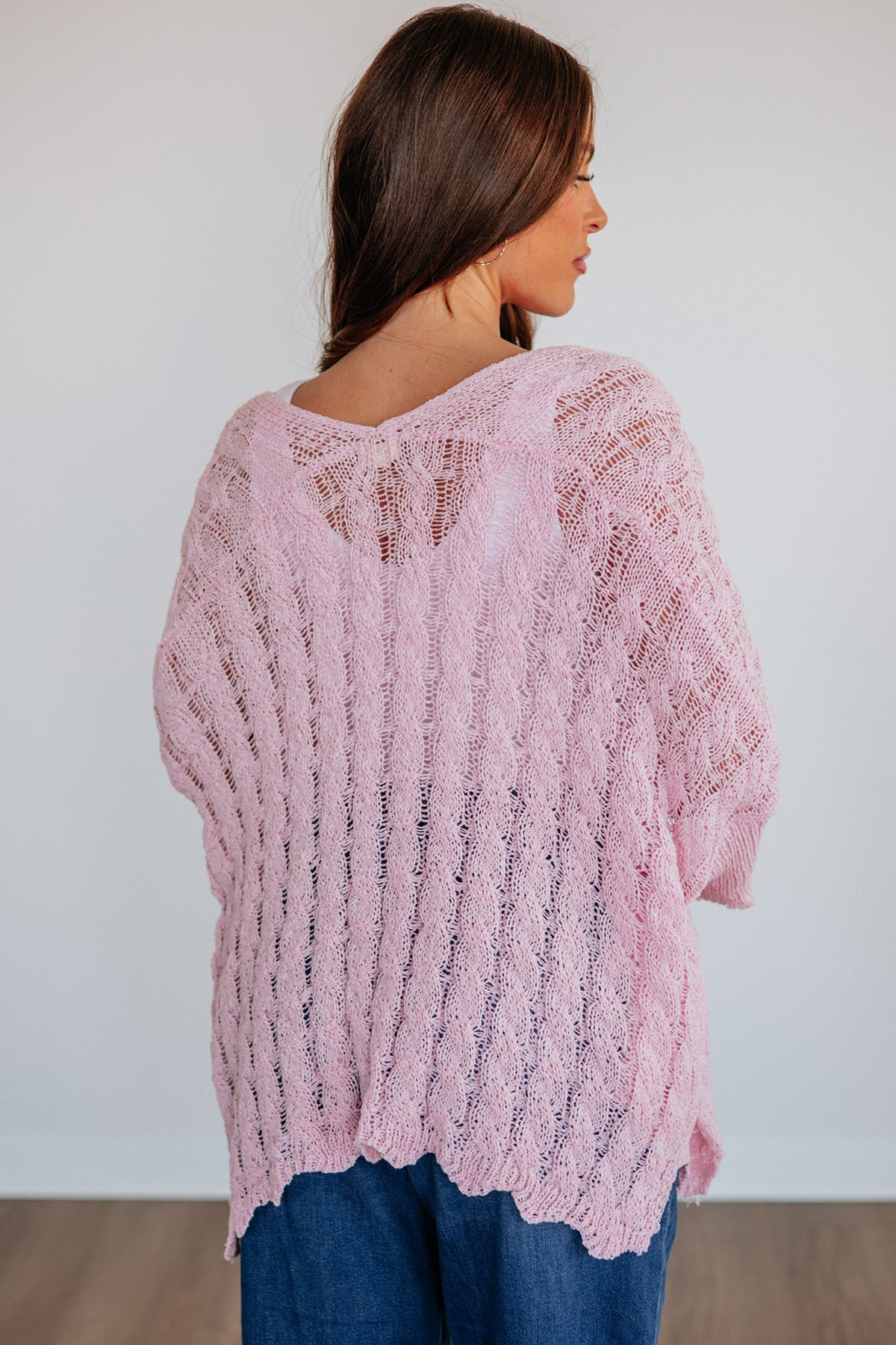 Pink Drop Shoulder Crochet Knit Open Front Cardigan
