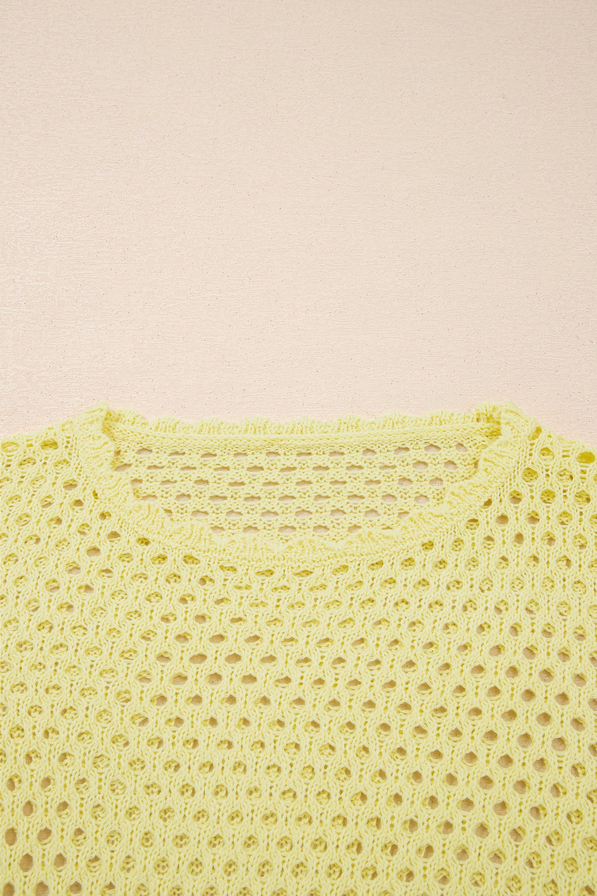 Yellow Cream Scalloped Trim Hollow Out Knit Long Sleeve Top