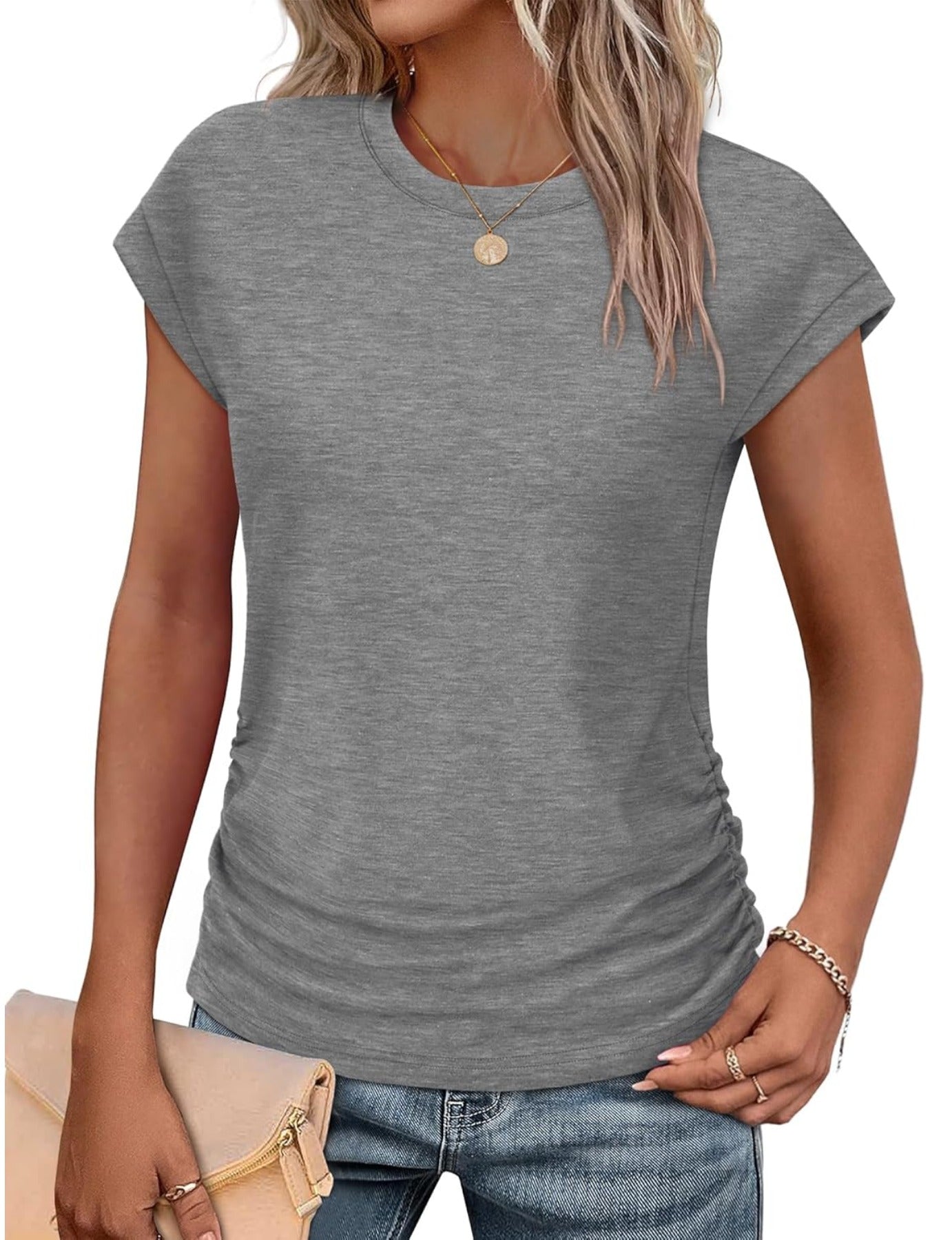 Solid Color Crew Neck Ruched Cap Short Sleeve T Shirts