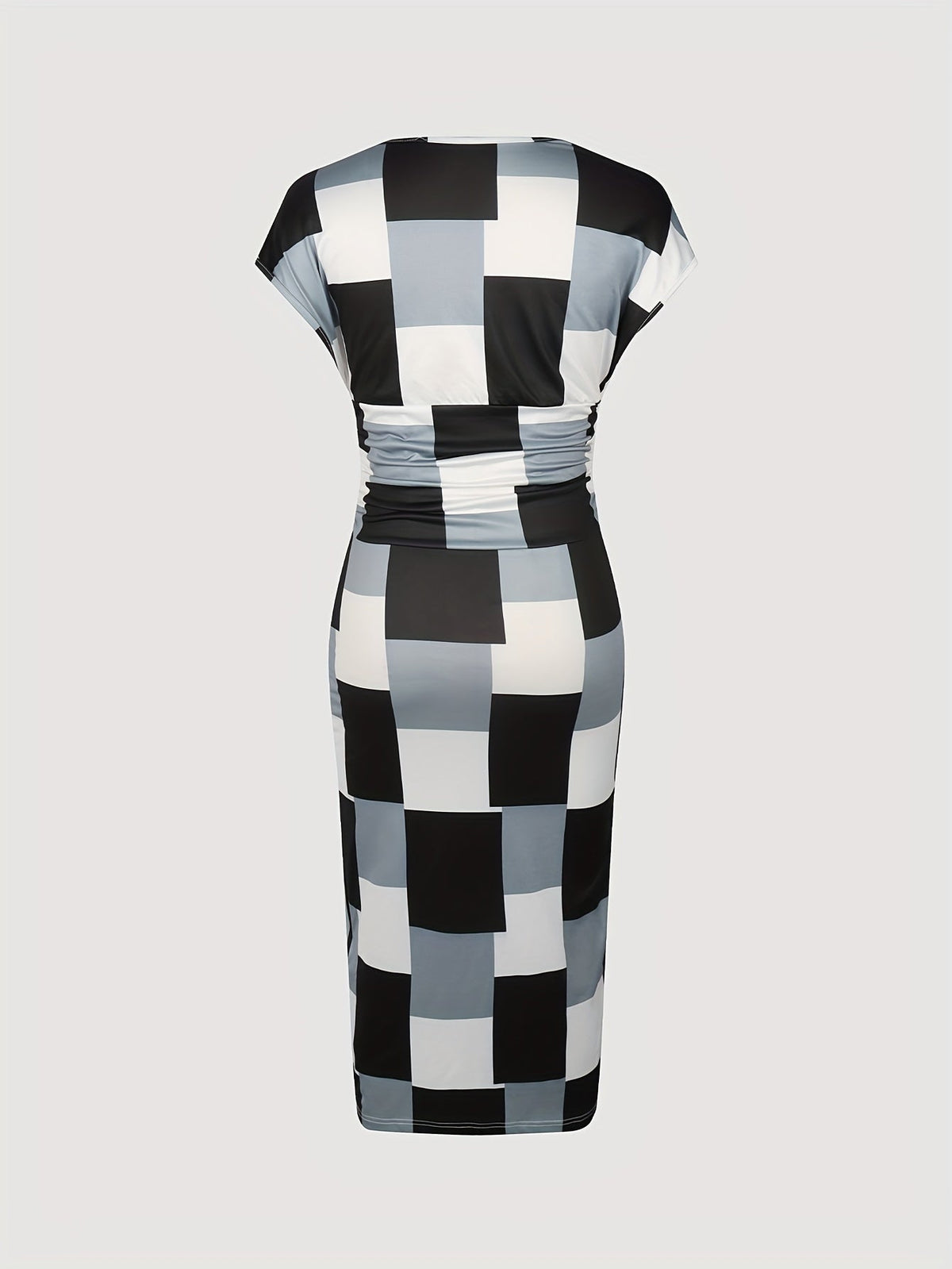 Patchwork Print V Neck Dress, Elegant Short Sleeve Dress
