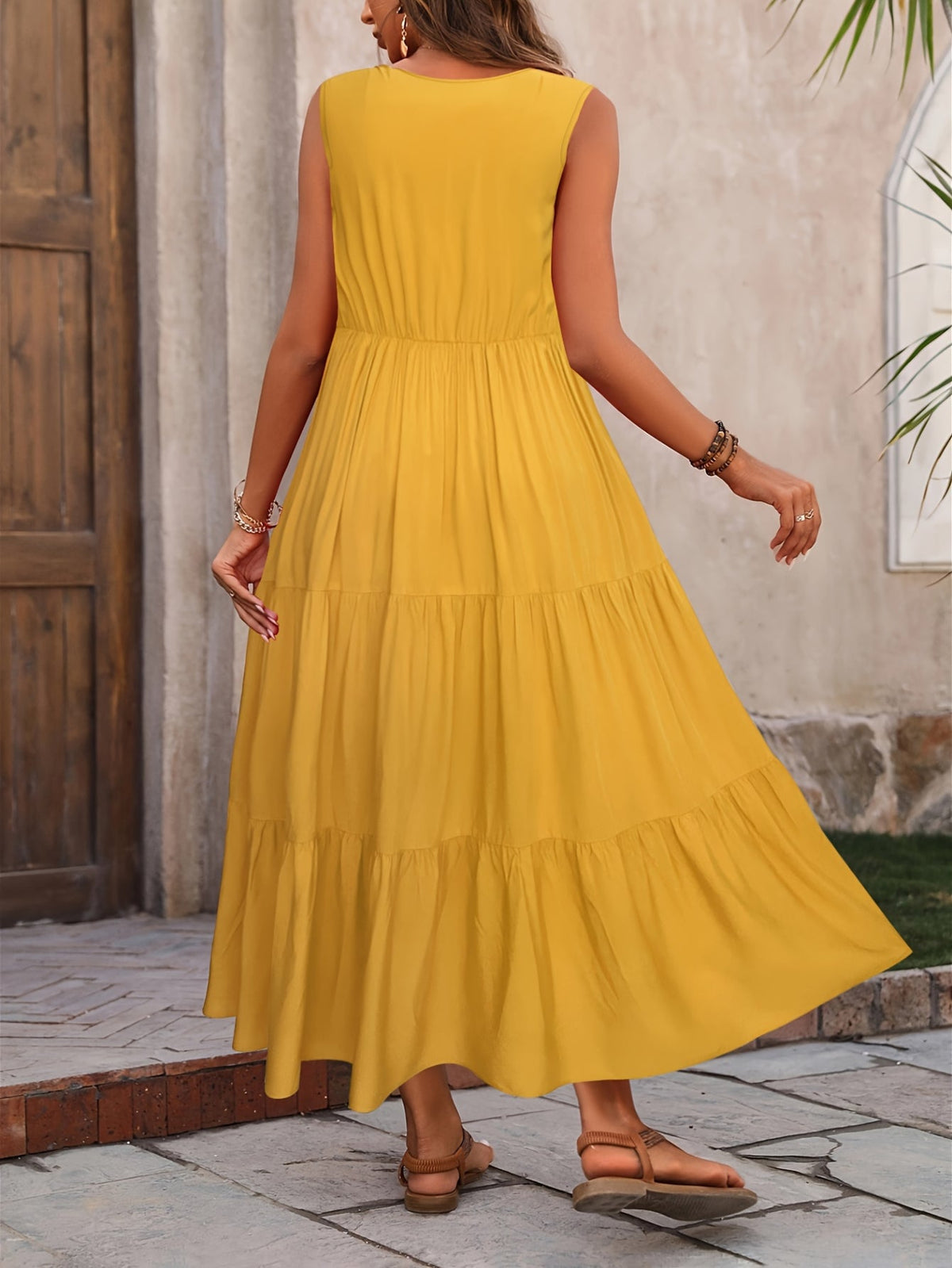 Loose V Neck Ruffle Hem Dress, Casual Sleeveless Dress