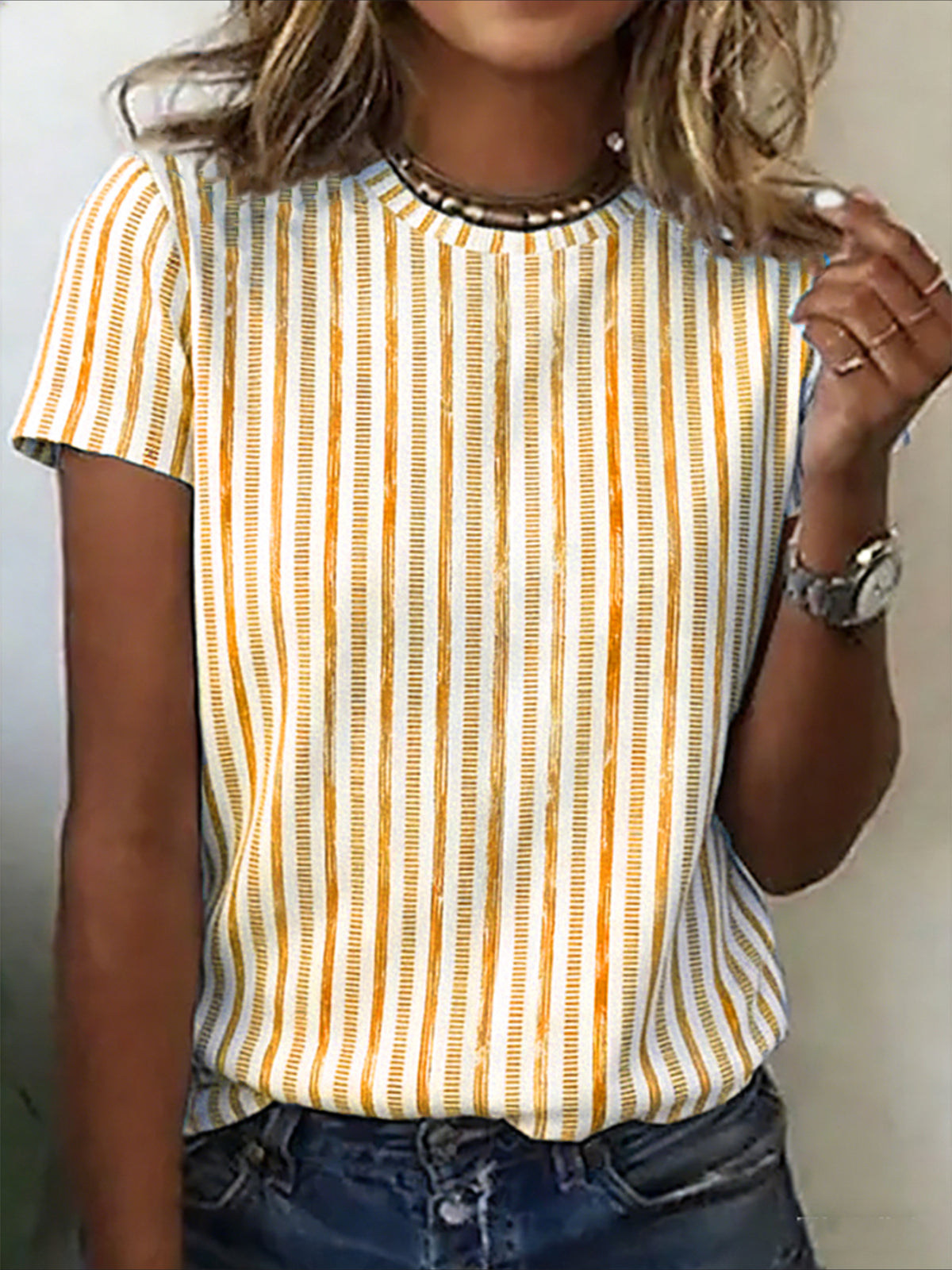 Striped Crew Neck Short Sleeve Casual T-shirt
