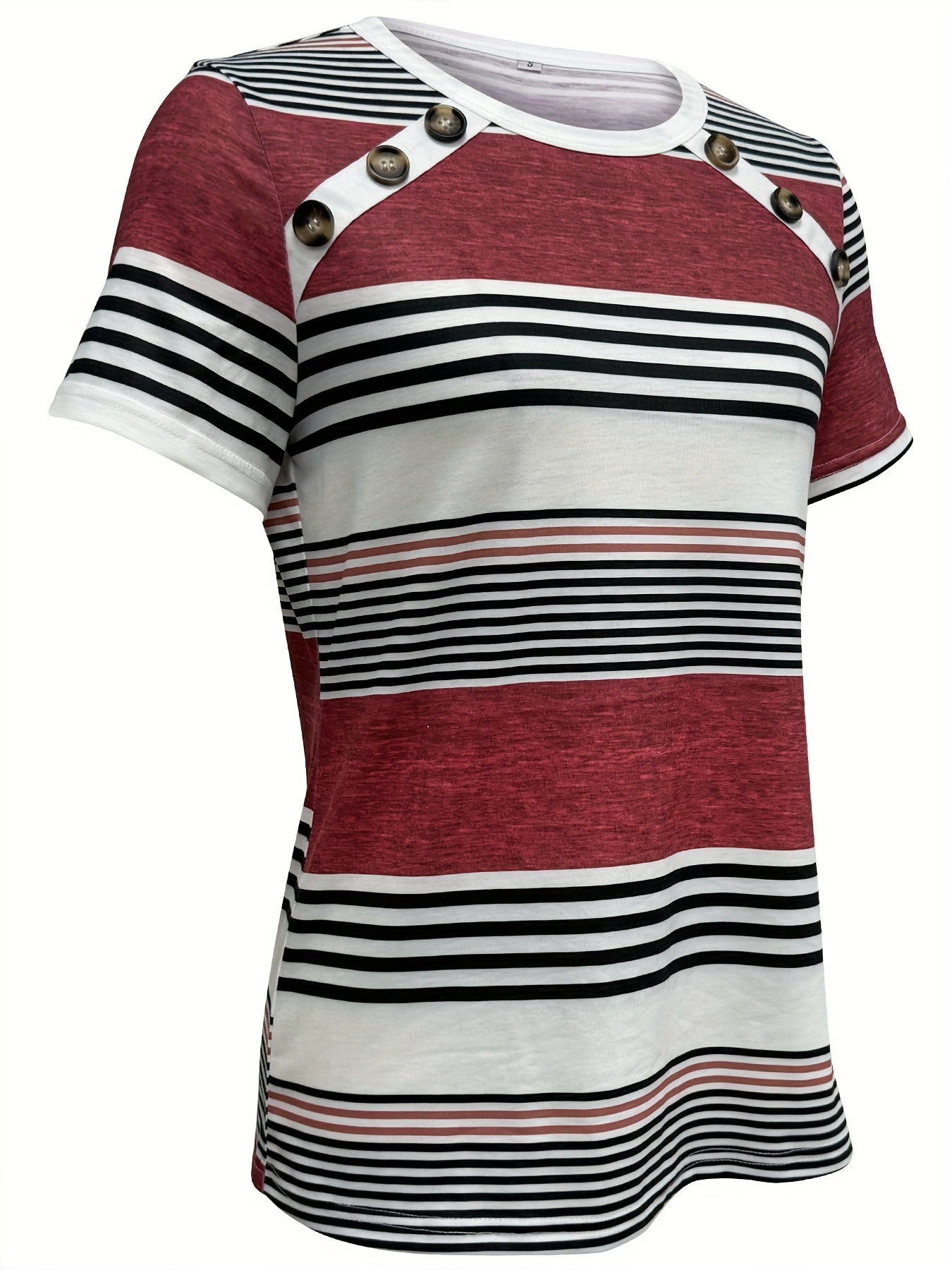 Button Front Vibrant Striped Short Sleeve Crew Neck T-Shirt