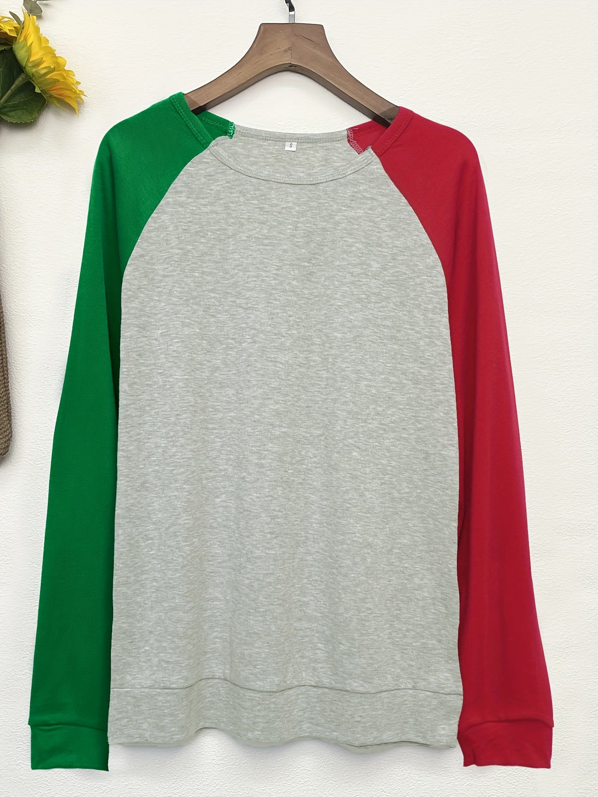 Color Block Long Sleeve Shirt, Oversized Crew Neck Top