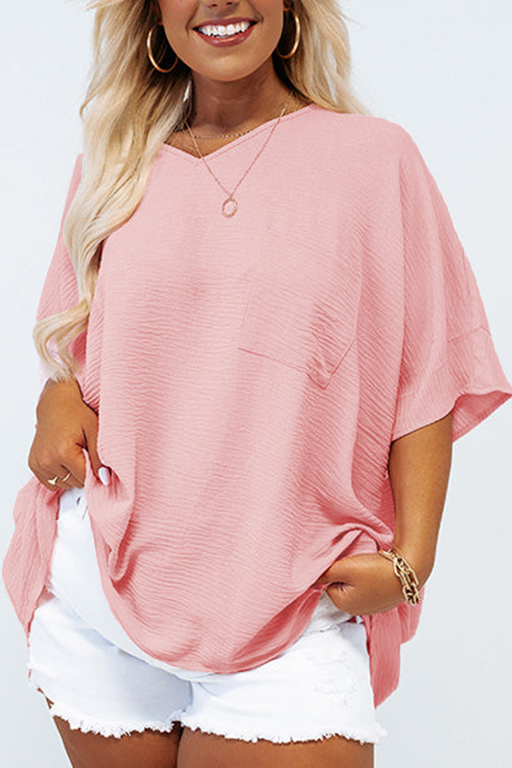 Pink Textured Half Sleeve V Neck Plus Size T Shirt with Chest Pocket
