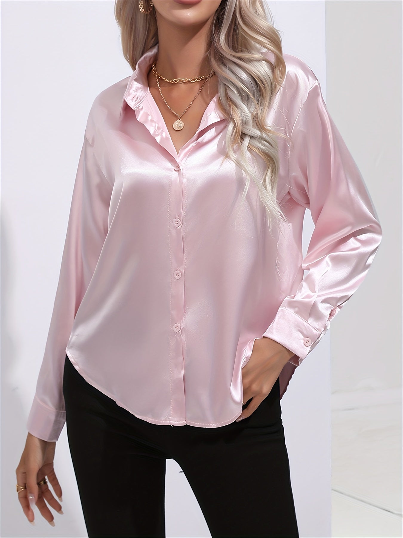 Lapel-collar Satin-satin-faux Silk Long-sleeved Shirt
