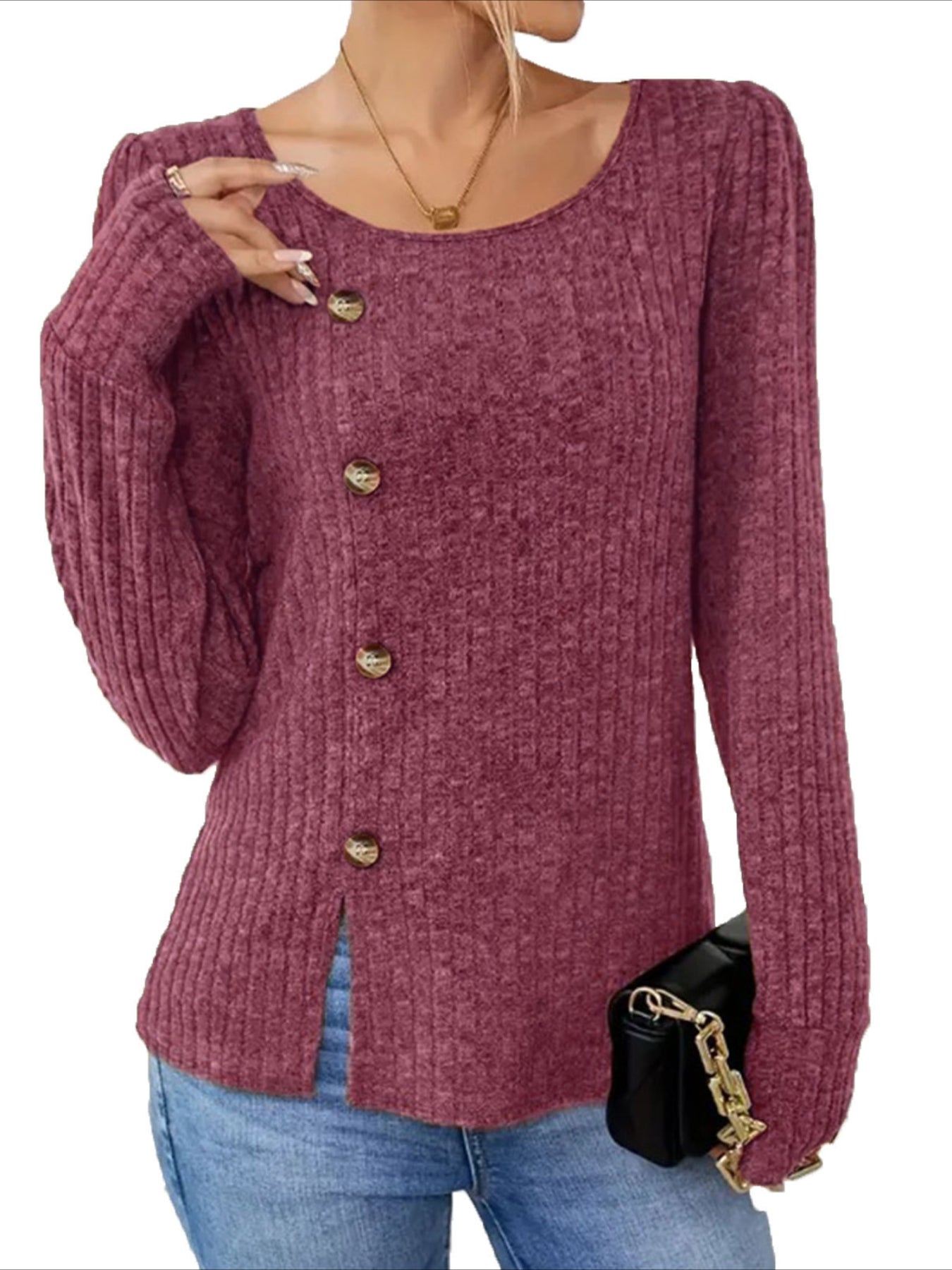 Long Sleeve Crew Neck Split T-Shirt  - Soft Mid-Elasticity Polyester Fabric, Machine Washable, Solid Color, Pullover Design