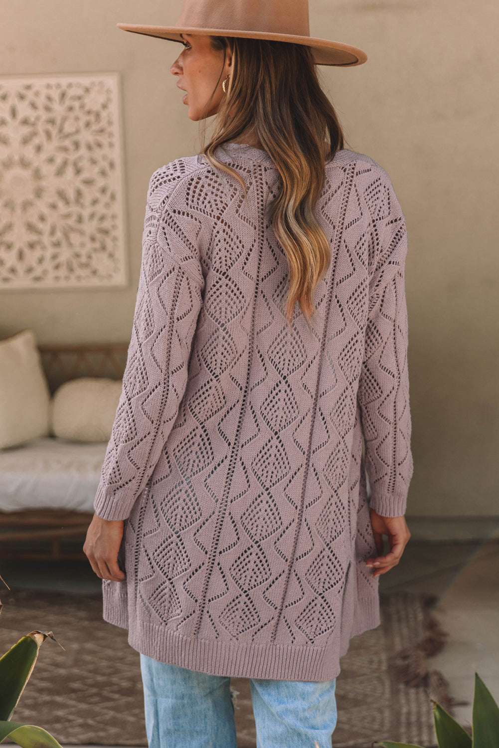 Purple Hollow-out Openwork Knit Cardigan