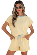 Yellow Cream Soft Ribbed Color Block Trim Casual Short Set