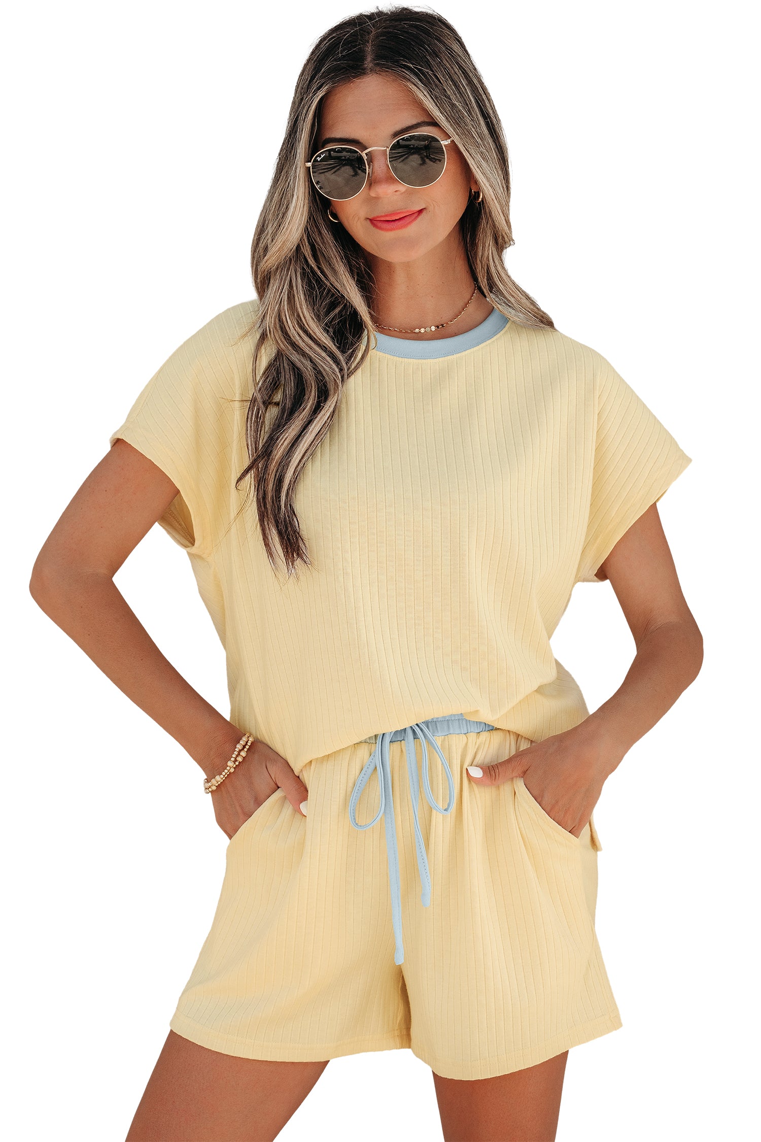 Yellow Cream Soft Ribbed Color Block Trim Casual Short Set