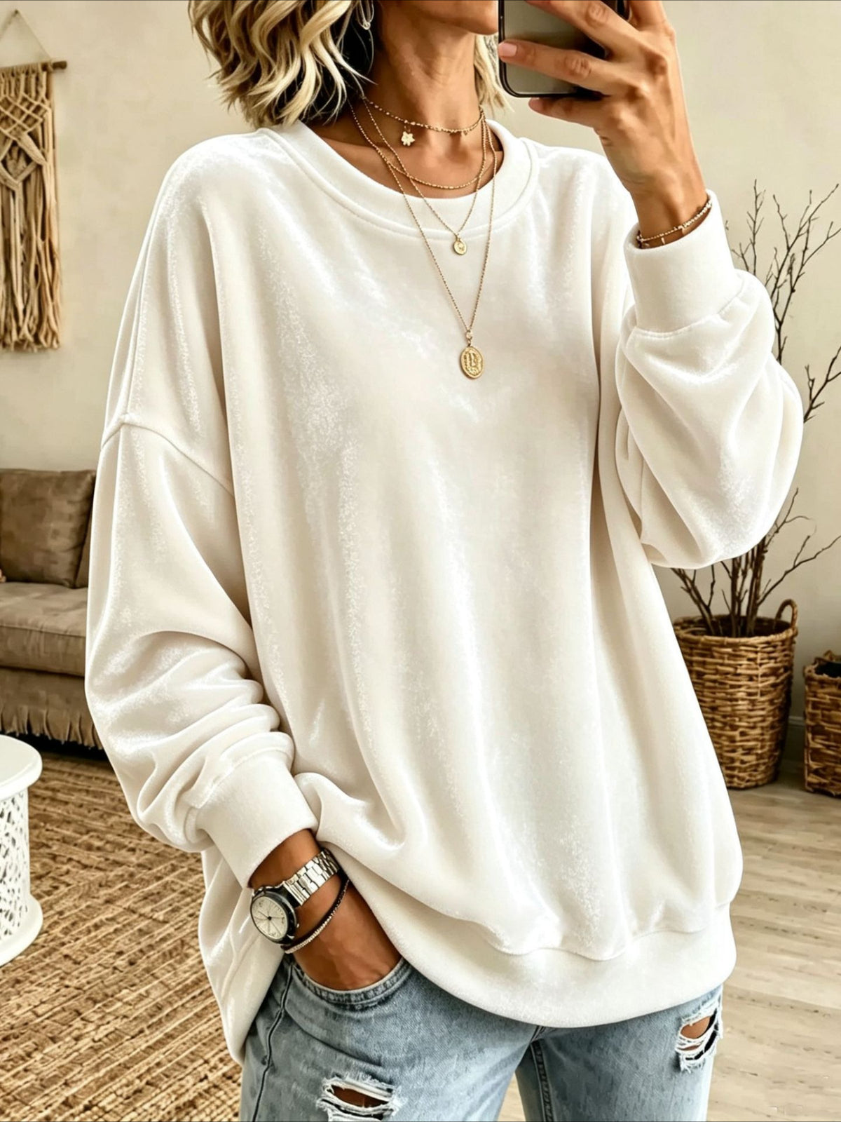 Crew Neck Drop Shoulder Velvet Sweatshirt