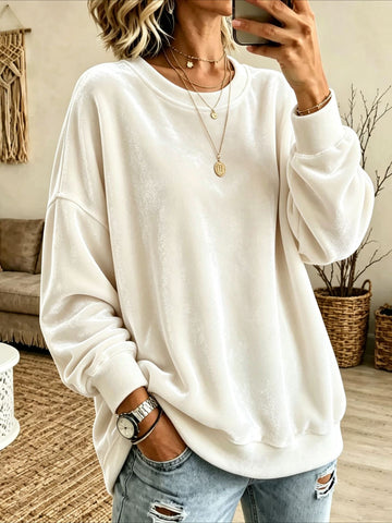 Crew Neck Drop Shoulder Velvet Sweatshirt