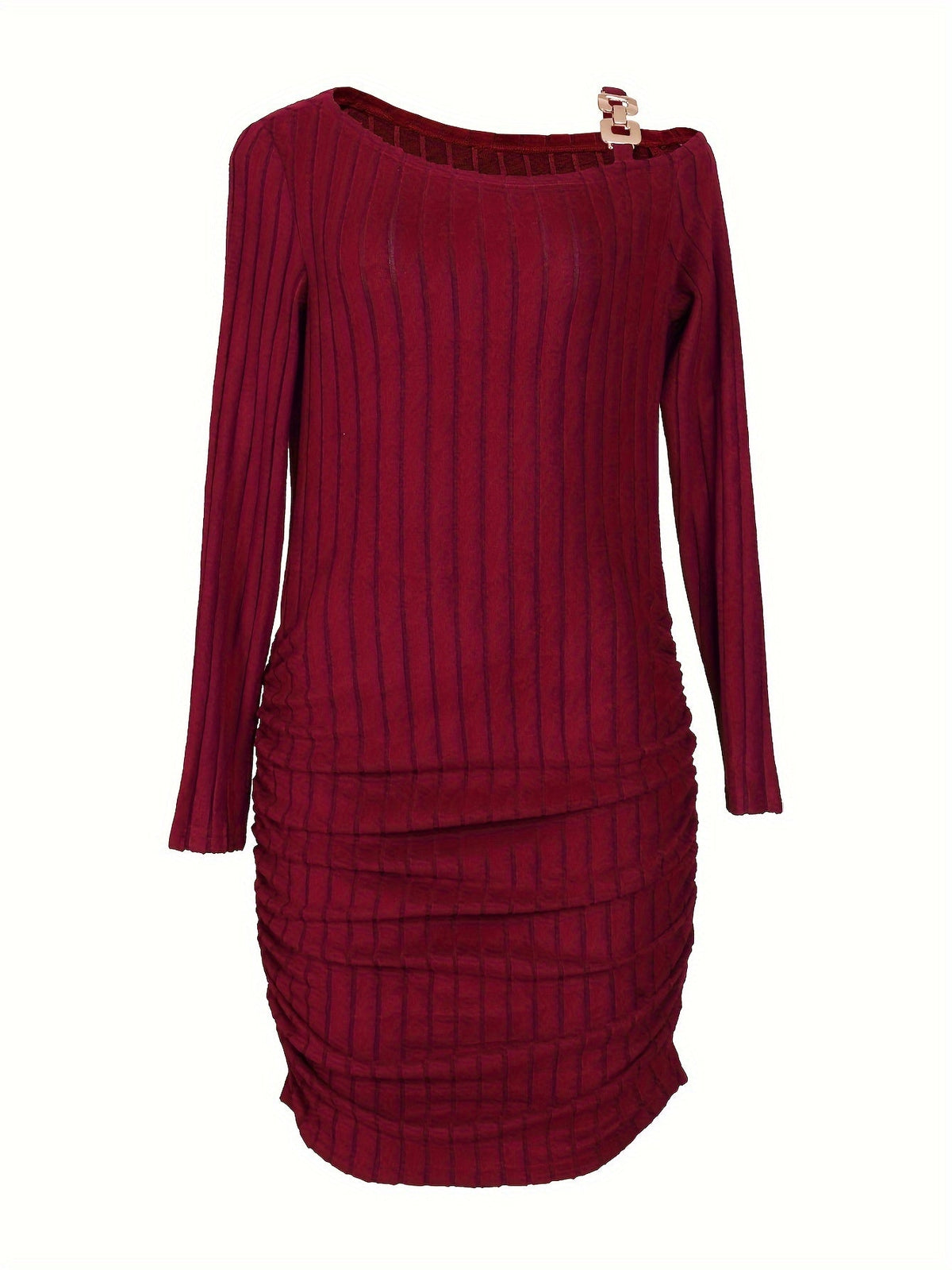 Ribbed Slanted Shoulder Chain Dress, Casual Solid Long Sleeve Bodycon Dress