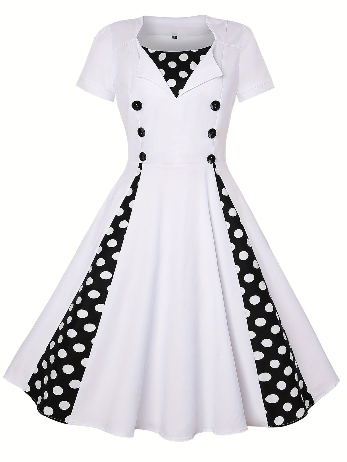 Polka Dot Color Block Button Dress, Elegant Short Sleeve Dress