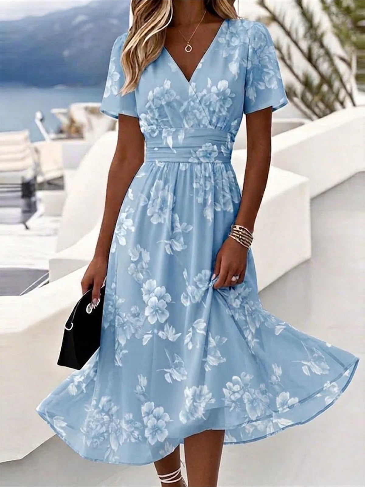 Floral Print V Neck Short Sleeve Beach A-Line Dress