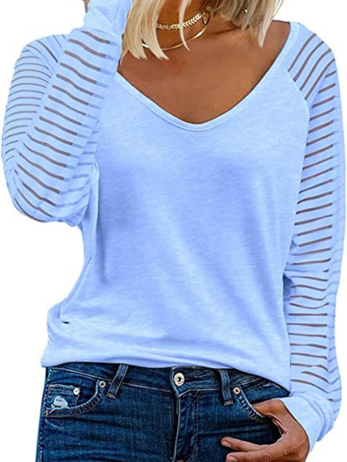 Striped Print Long Sleeve T-Shirt, Casual V Neck T-Shirt